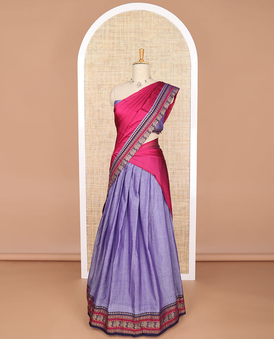 Lavender cotton half saree with contrast zari design border, zari design blouse & temple, peacock design border dhavani