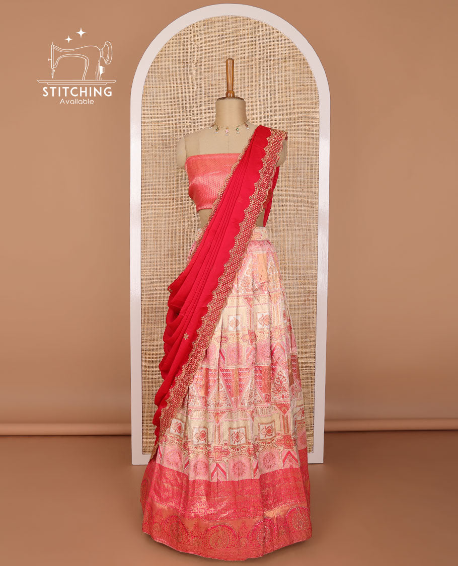 baby pink intricate design banaras half saree with contrast zari design border, argyle design blouse & floral embroidery, scallop border dhavani