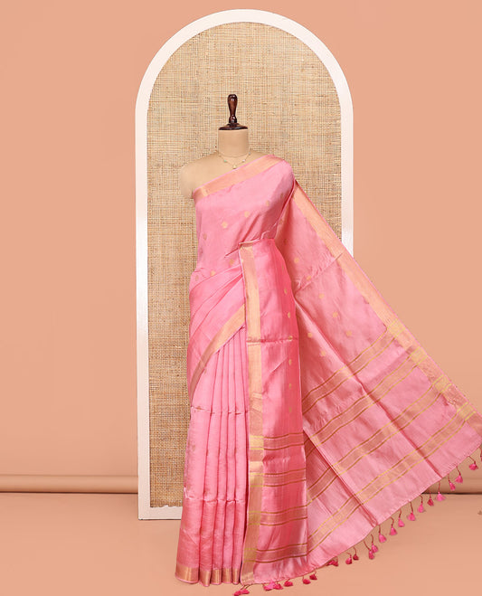 Pink Banana Pith Saree, Bedecked with Buttas All Over Its Body, Highlighted by Self-Border, Pallu of Zari Stripes, and Paired with a Matching Blouse