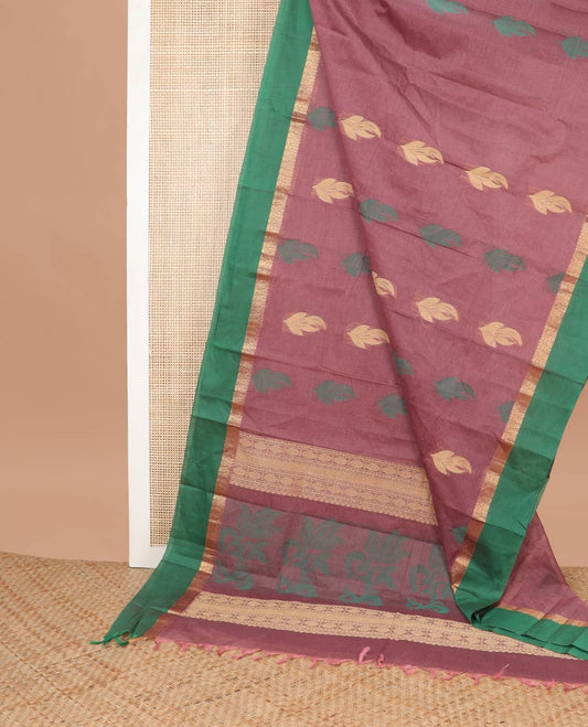 Maroon leaf design kanchi cotton saree with contrast intricate zari design border & floral design pallu