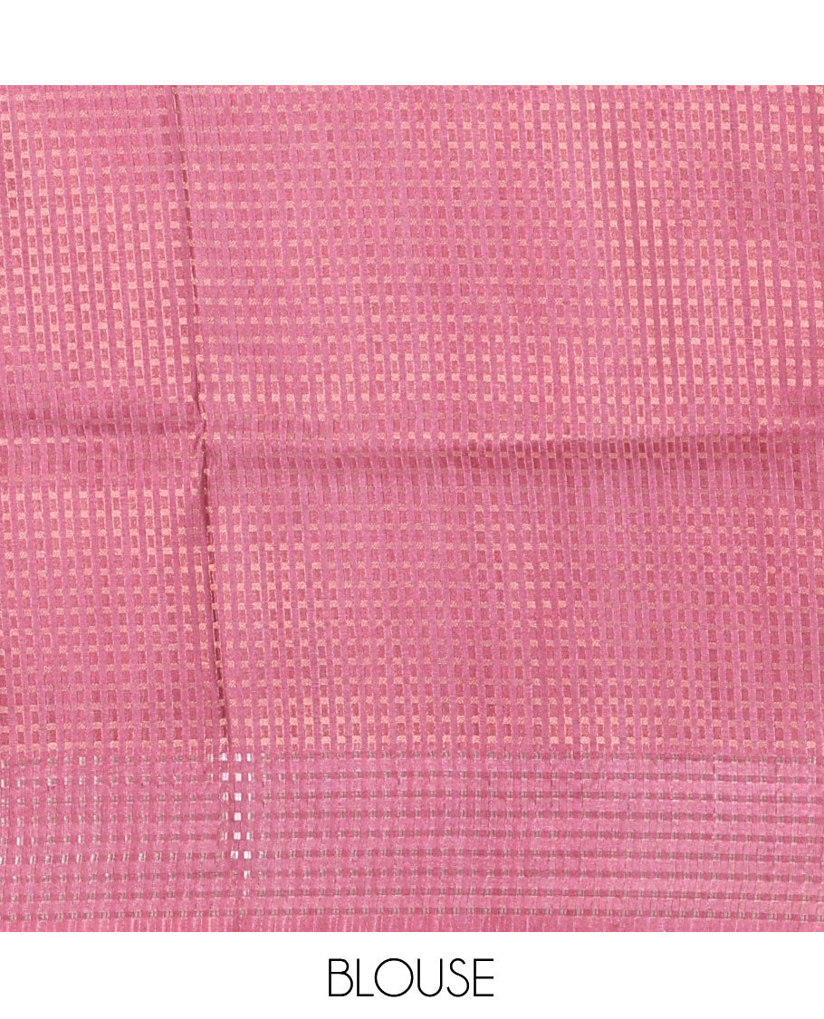 Cream-Onion Pink Dola Silk Saree, Adorned with Floral Print, a Contrast Checked Border, Pallu of Buttas, and a Contrast Blouse