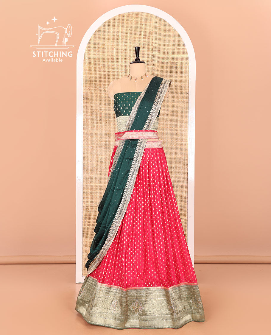 Pink Buttas Embroidered Half-Saree with Contrast Traditional Motifs, Embroidered Viscose Georgette Border, Contrast Blouse, and an Intricately Embroidered Syska Georgette Dhavani