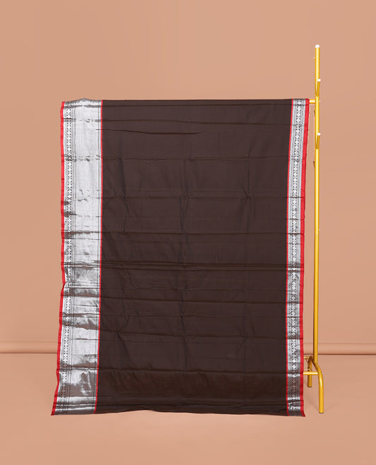 Brown Plain Narayanpet Cotton Saree, Complemented by a Contrast Traditional Zari Design Border, Striped Pallu, and Comes Without a Blouse