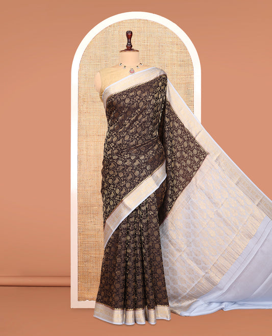 Brown Mysore Silk Saree, Adorned with Pichwai Cow and Lotus Vine, Complemented by a Contrast Traditional Zari Border, Intricate Pallu, and a Contrast Blouse