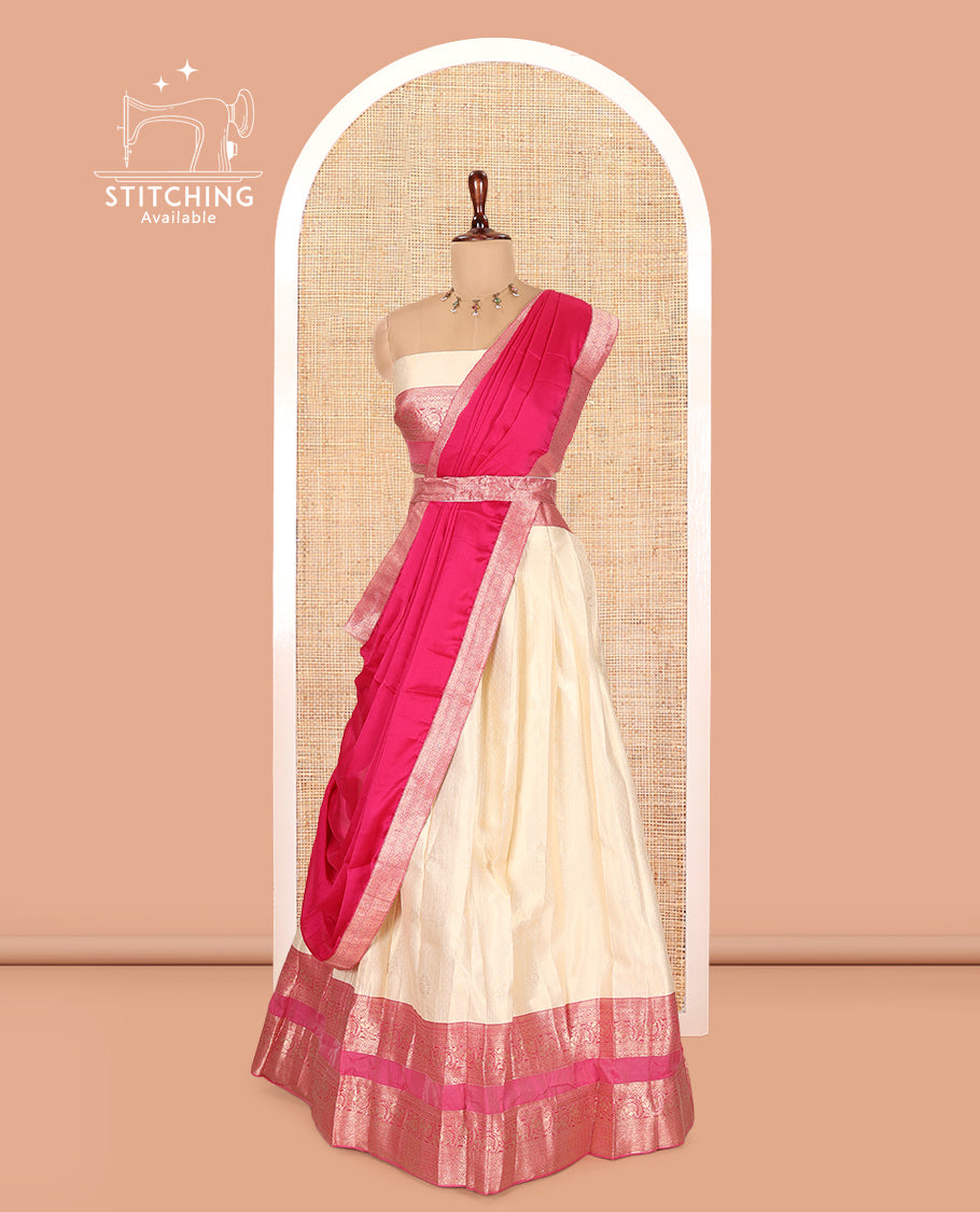 Cream-Magenta Semi-Silk Half-Saree