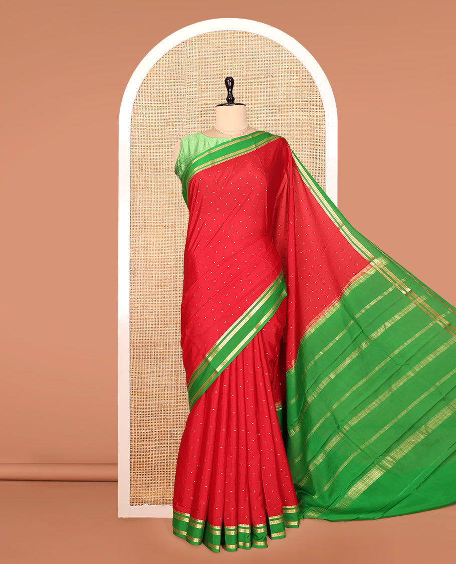 Red Mysore Silk Saree, Elevated with Buttas, Complemented by a Contrast Traditional Zari Border, Zari Design Pallu, and a Contrast Blouse