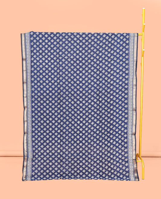 Blue Mul Mul Cotton Saree, Decked Up with Floral Buttas, a Piping Border, Printed Pallu, and a Matching Blouse