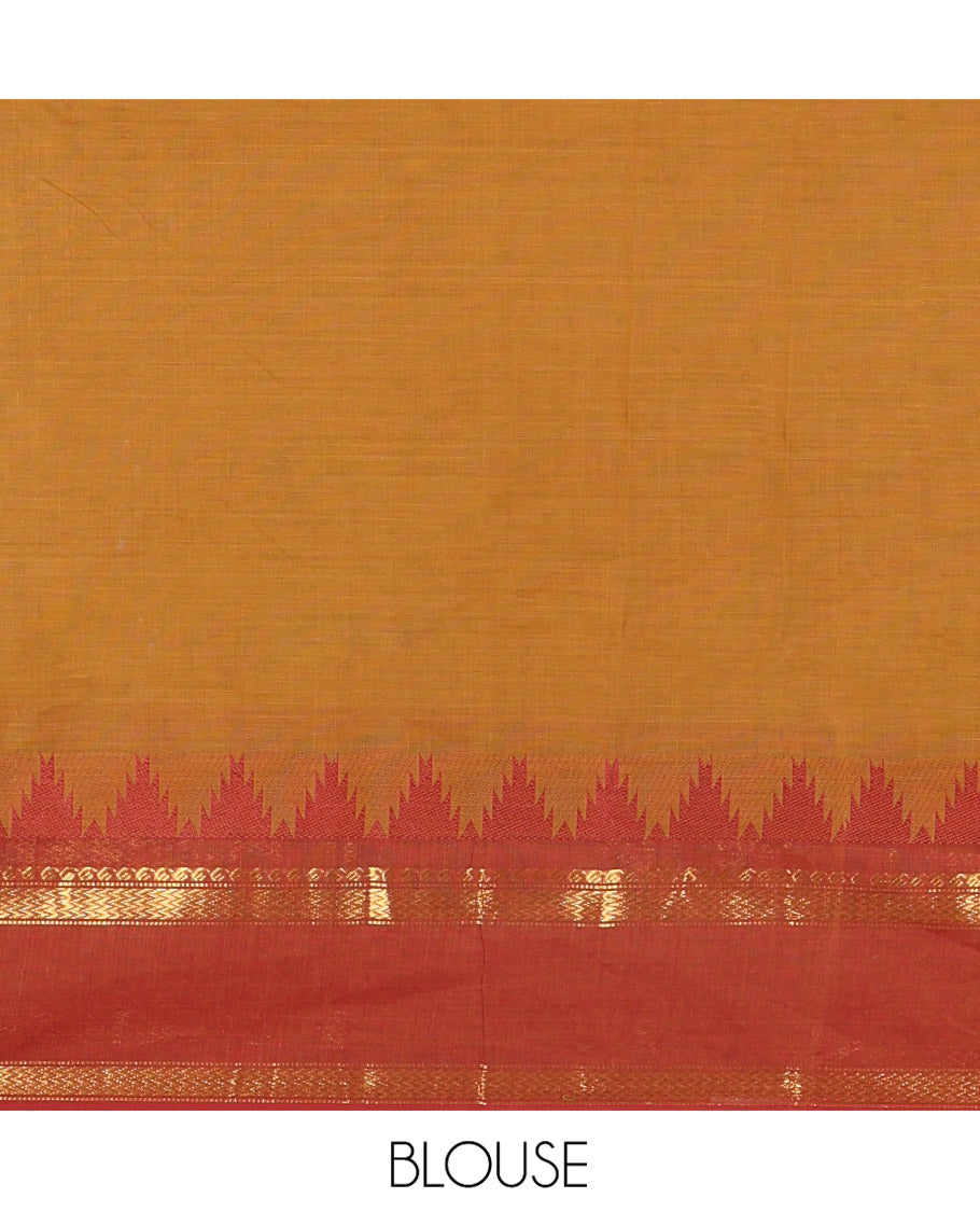 Mustard Chettinad Cotton Saree, Subtly Sparkled with Thread Buttas All Over Its Body, Complemented by a Contrast Border Rettai Pettu Border of Paisley and Chevron Stripes, Subtly Designed Pallu, and Paired with a Matching Blouse
