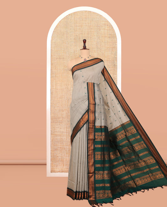 Grey Kalyani Cotton Saree, Subtly Woven with Thread Buttas, Complemented by a Contrast Traditional Border, Traditional Pallu, and a Contrast Blouse
