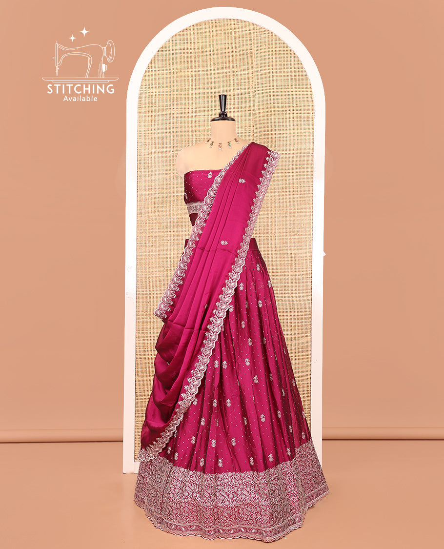 Magenta Georgette Half-Saree Featuring Embroidery Skirt, Floral Embroidered Border, Matching Blouse, Embroidered Dhavani