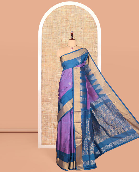 Lavender Uppada Silk Saree, Woven with Buttas, Complemented by a Contrast Temple Zari Border, Contrast Intricately Designed Pallu, and a Contrast Blouse