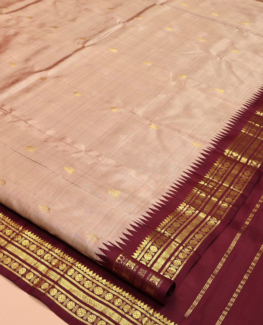 Pale Brown Kanchipuram Silk Saree Featuring Zari Buttas, Complemented by a Contrast One-Sided Temple Border of Thilakam Mokku, Banaras, Poun, and Vanki Designs, Zari Design Pallu, No Blouse