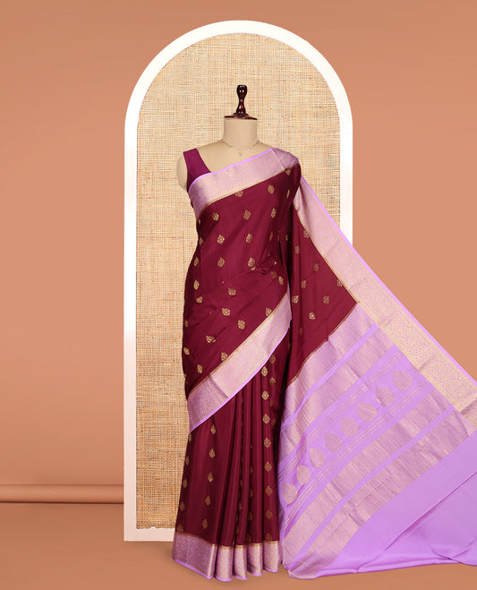 Maroon Mysore Silk Saree Features Zari Buttas, Contrast Traditional Zari Border, a Grand Pallu, and a Contrast Blouse