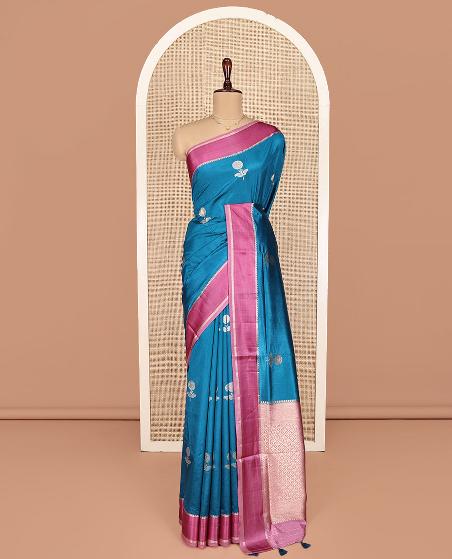 Blue Semi-Banaras Dupion Saree, Impeccably Styled with Floral Buttas, Complemented by Contrast Temple Border, Grand Jaal Pallu, and a Contrast Blouse