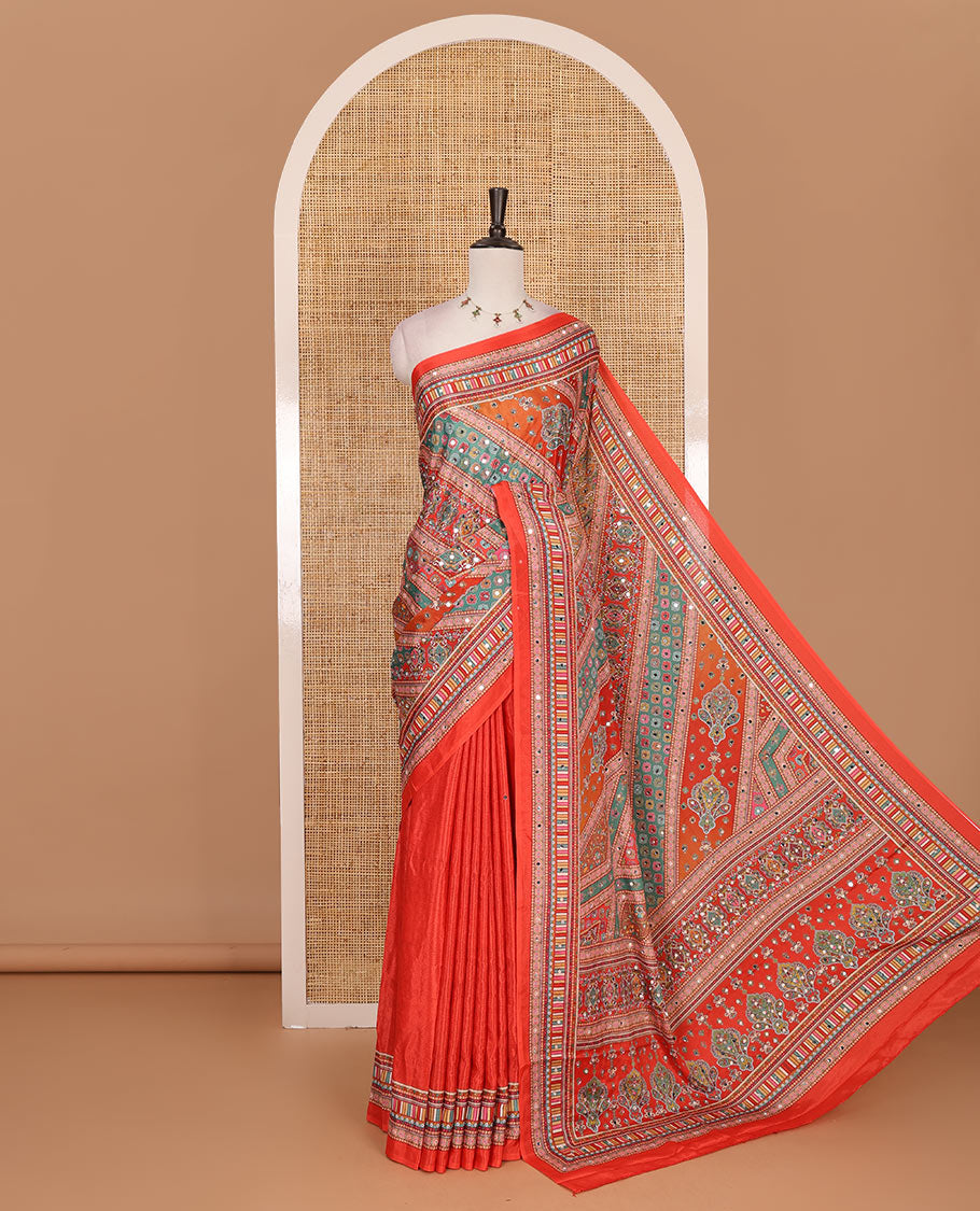 Red geometric patterns printed with mirror work Masakali saree, matchi