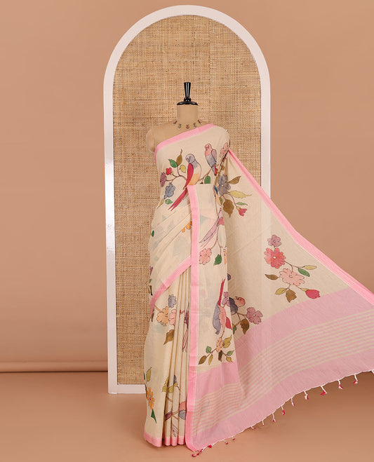 Chikku-pink macow parrot and floral printed Mangalgiri cotton saree, contrast thread traditional border, astriped pallu, and floral-stripes printed blouse