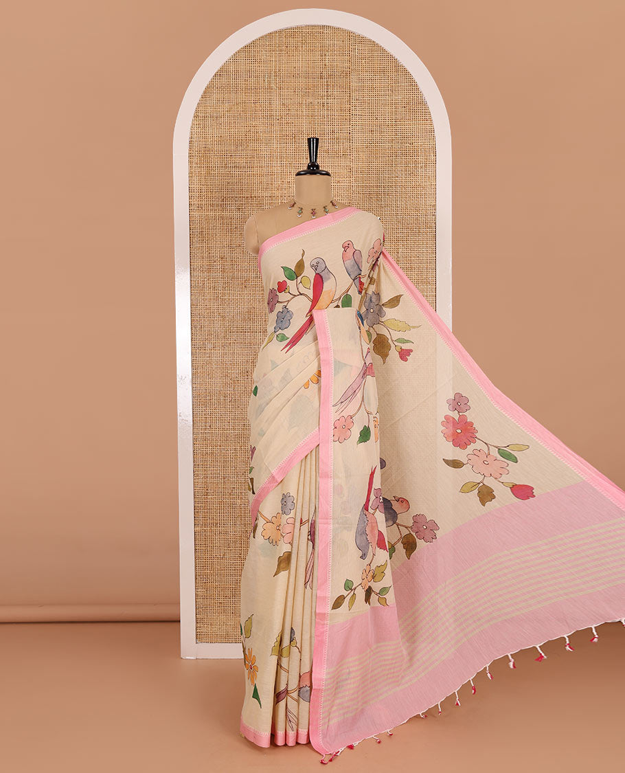 Chikku-pink macow parrot and floral printed Mangalgiri cotton saree, contrast thread traditional border, astriped pallu, and floral-stripes printed blouse
