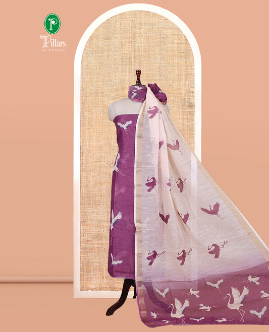 Dark Lavender Semi-Linen Material Churidar, Adorned with Heron Motifs Top, a Plain Santoon Bottom, a Contrast Heron Dupatta