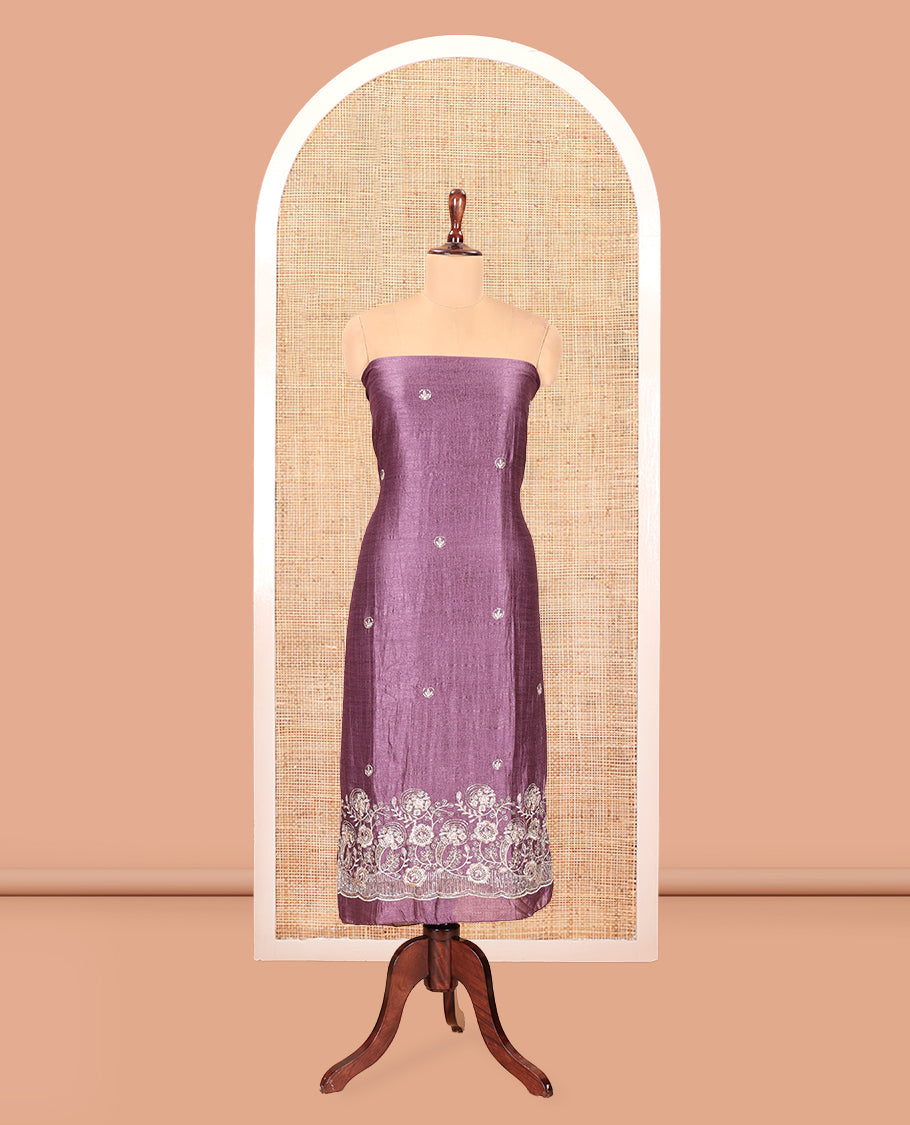 Lavender Semi-Silk Material Churidar Features a Floral Embroidered Top, a Matching Bottom, Embroidered Dupatta