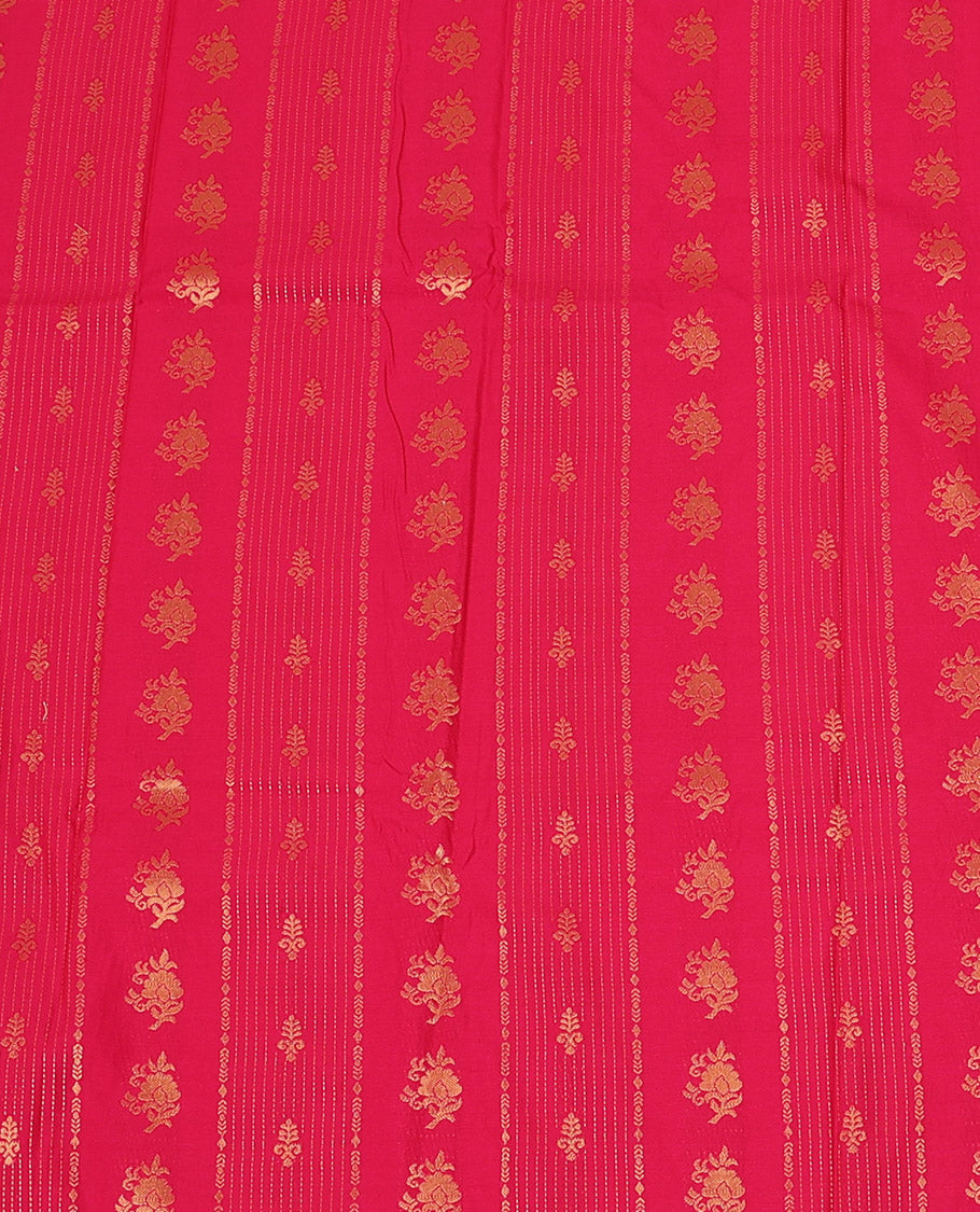 Pink Art Silk Pavadai Material Set, Embellished with Zari Designs All Over the Skirt, Complemented by a Contrast Floral-Paisley Zari Border, and Paired with a Contrast Blouse