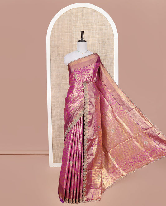 Pink Vastrakala Silk Saree, Gracefully Embellished with Floral Jacquard and Patch Stone Work, Highlighted by Traditional Zari and Lace Embroidered Scallop Border, Grand Scallop Design Stone Work Pallu, and Paired with Heavy Embroidered Blouse