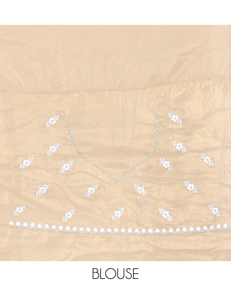 Green Shimmer Chiffon Saree, Artfully Detailed with Floral Embroidery on Its Body, Scallop Floral Embroidery Border, a Self-Pallu, and Paired with a Matching Embroidered Blouse