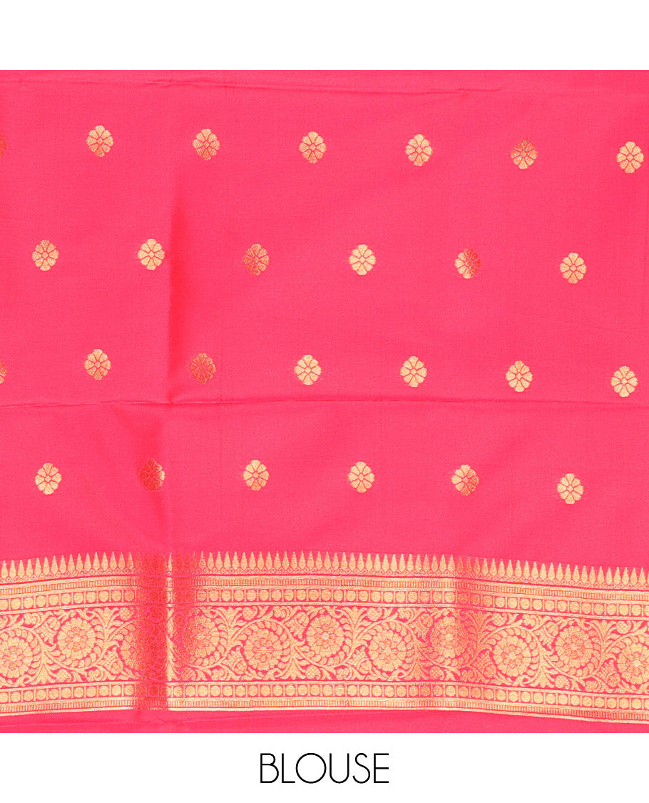Rani Pink Kanchi Tissue Saree Enriched with Floral and Thilakam Jacquard Designs, Highlighted with Traditional Zari Design Border, Gleaming Copper Zari Woven Pallu, and Paired with a Matching Blouse
