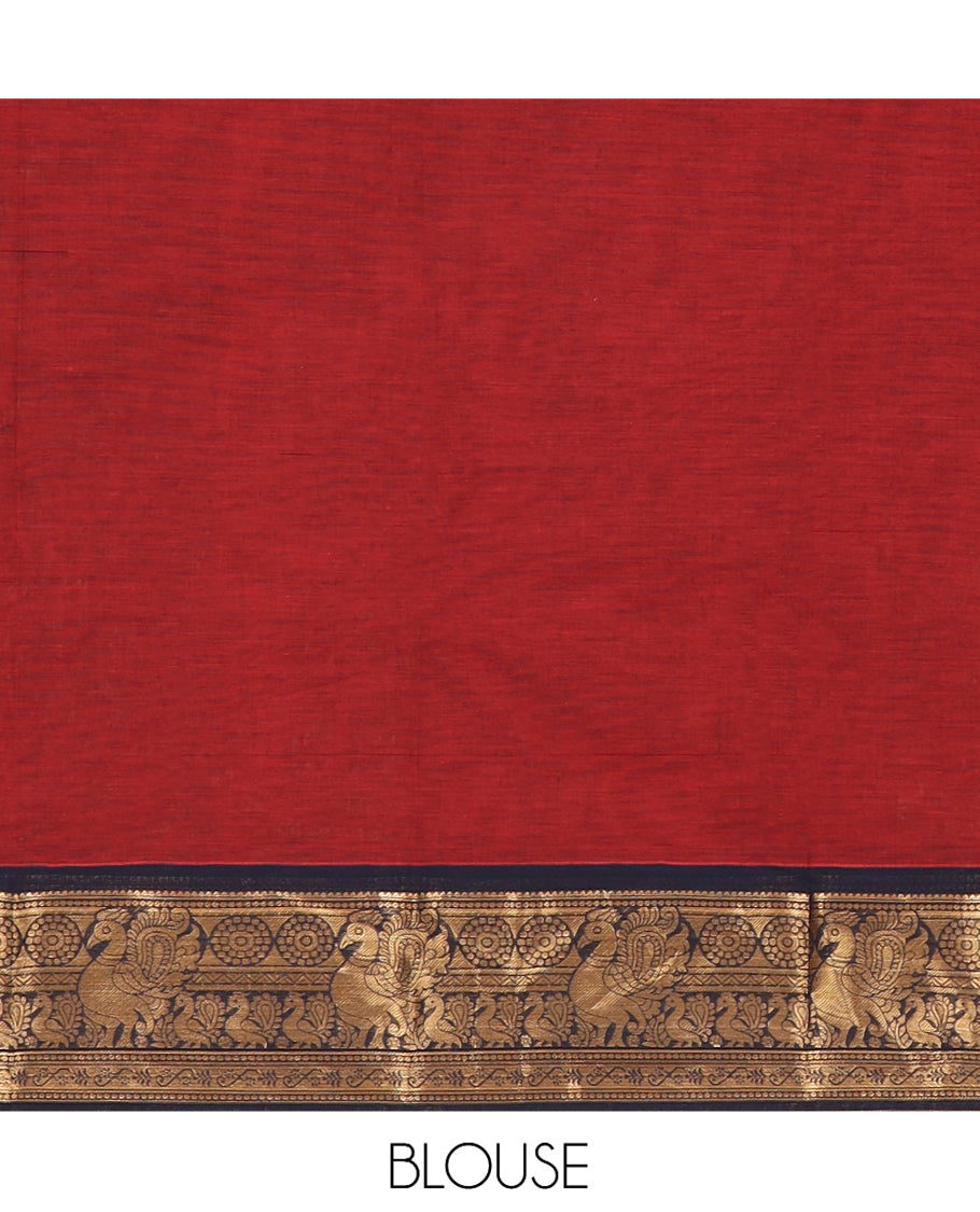 Maroon-Navy Blue Chettinad Cotton Saree, Adorned with Zari Stripes, a Contrast Peacock Traditional Border, Grand Pallu, a Matching Blouse