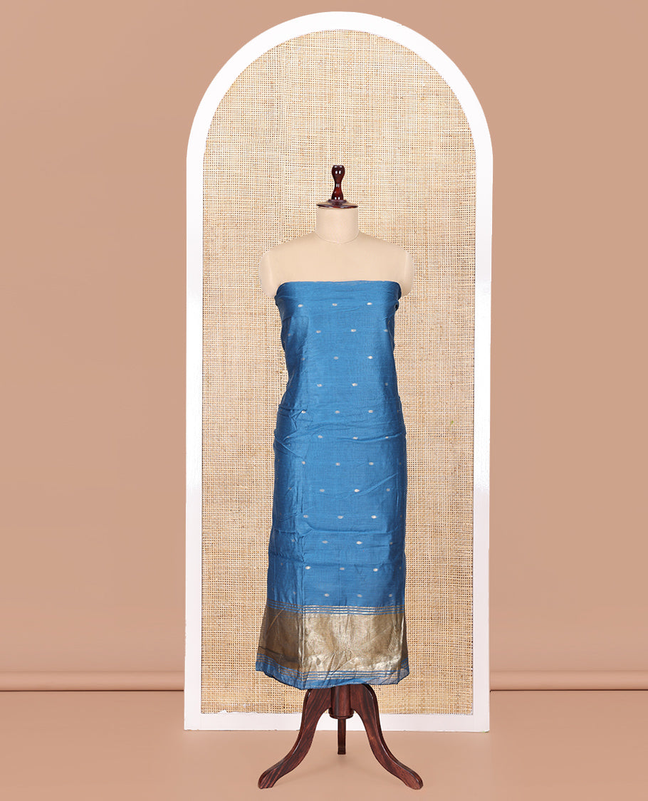 Firozi Blue Banarasi Chanderi Material Churidar, Beautified with Buttas Top, a Plain Bottom, and a Matching Dupatta
