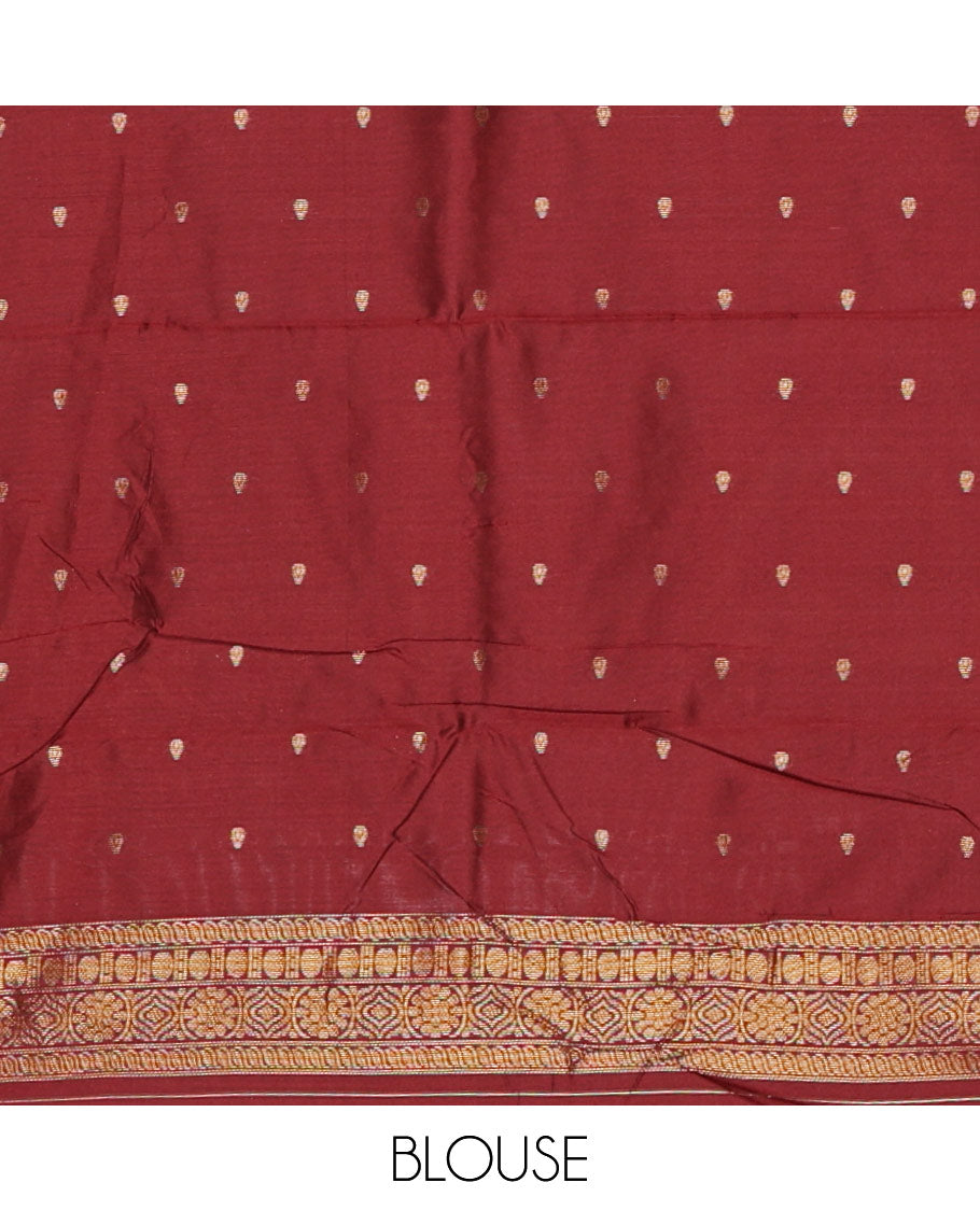 Chikku Kanchi Silk Saree, Adorned with Zari Buttas All Over Its Body, Complemented by a Contrast Border of Flower Motifs, Pallu Features Intricate Designs, and Paired with a Contrast Blouse
