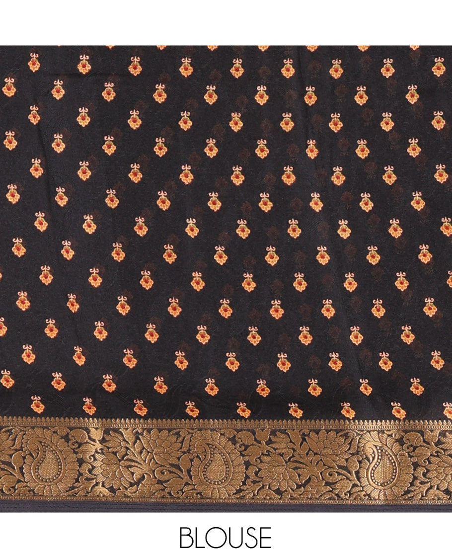 Black Embossed Moss Chiffon Saree, a Zari Floral-Paisley Vine Border, Contrast Mughal-Style Pallu, and a Matching Blouse
