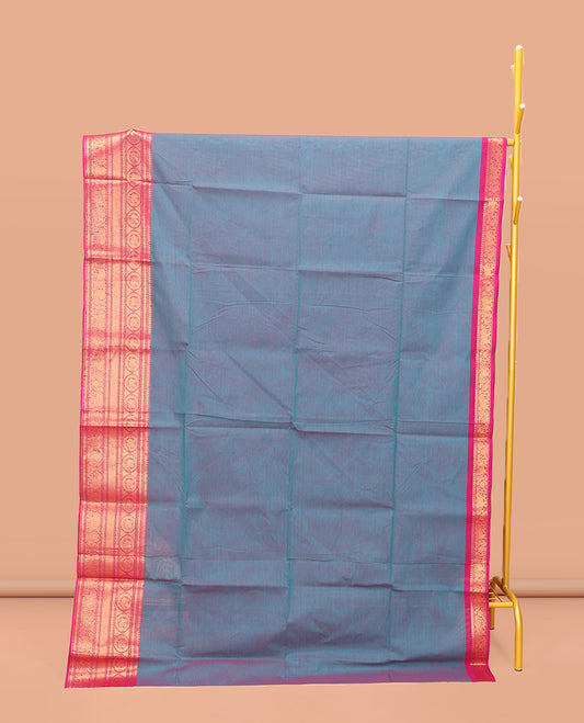Peacock Blue Plain Chettinad Cotton Saree, Complemented by a Contrast Traditional Zari Design Border, Pallu of Stripes, and Paired with a Matching Blouse