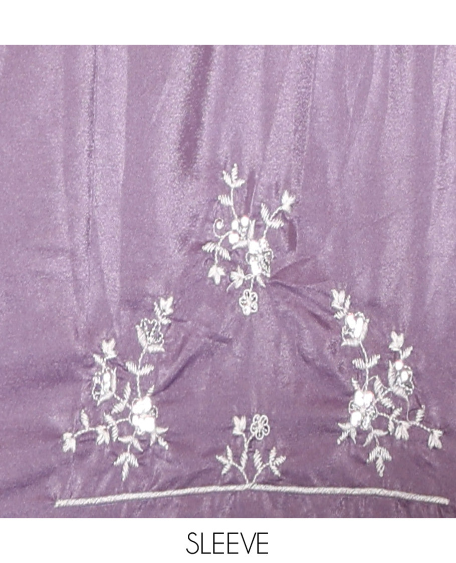 Lavender Plain Satin Crepe Saree, Accentuated with Floral Vine Thread Embroidery on Its Border, a Self-Pallu, and Paired with a Matching Blouse