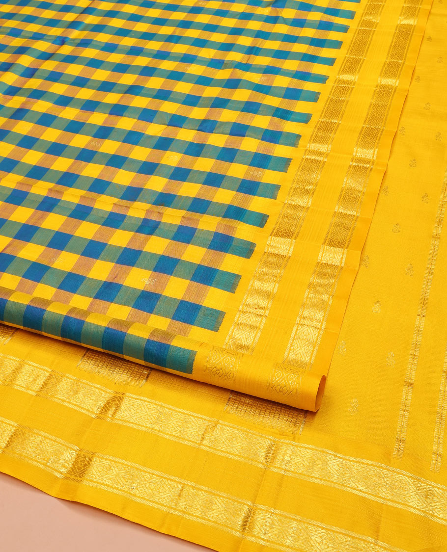 Multi-Color Kanchipuram Silk Saree, Detailed with Palum Pazhamum Checks, Complemented by a Contrast One-Sided Korvai Border of Banaras, and Diamond Designs, Pallu of Zari Designs, and Comes Without a Blouse