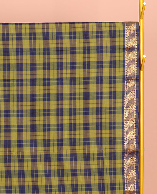 Green-Blue Chettinad Cotton Saree, Elevated with Checks, a Leaf Design Woven Border, Striped Pallu, and No Blouse