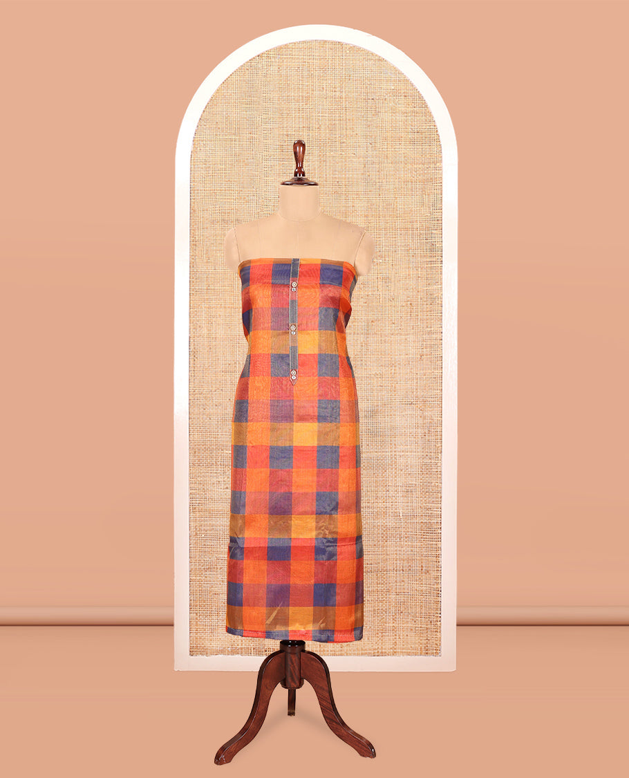 Multi-Color Shimmer Tissue Material Churidar, Embellished with Madras Checked Neckwork Top, a Contrast Bottom, and a Sequins Striped Dupatta