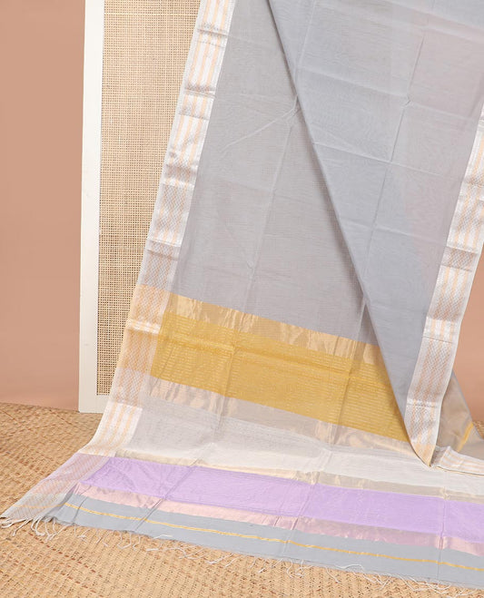 Light grey maheshwari cotton saree with contrast floral zari design border & striped pallu