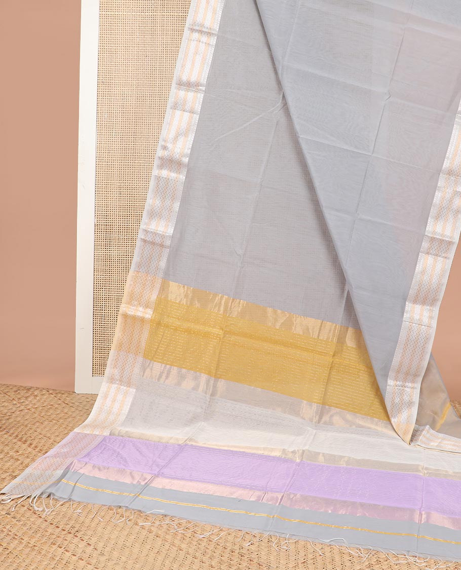 Light grey maheshwari cotton saree with contrast floral zari design border & striped pallu