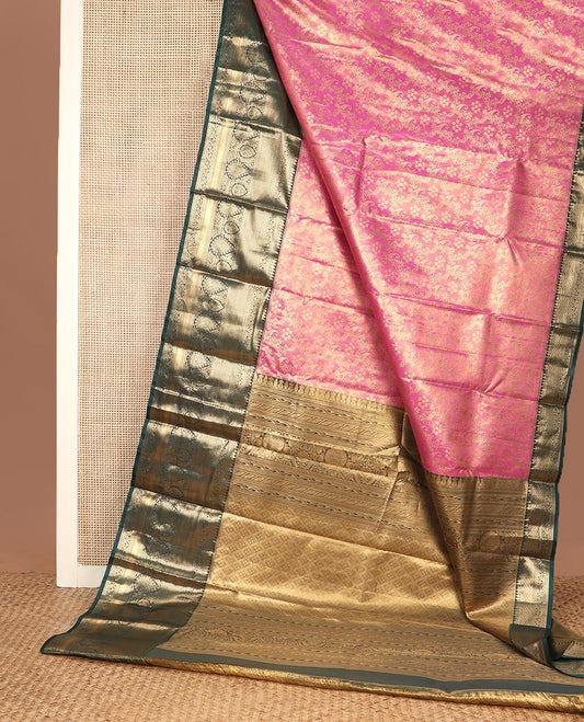 Pink jacquard budget silk saree, contrast traditional zari border, and jaal pallu