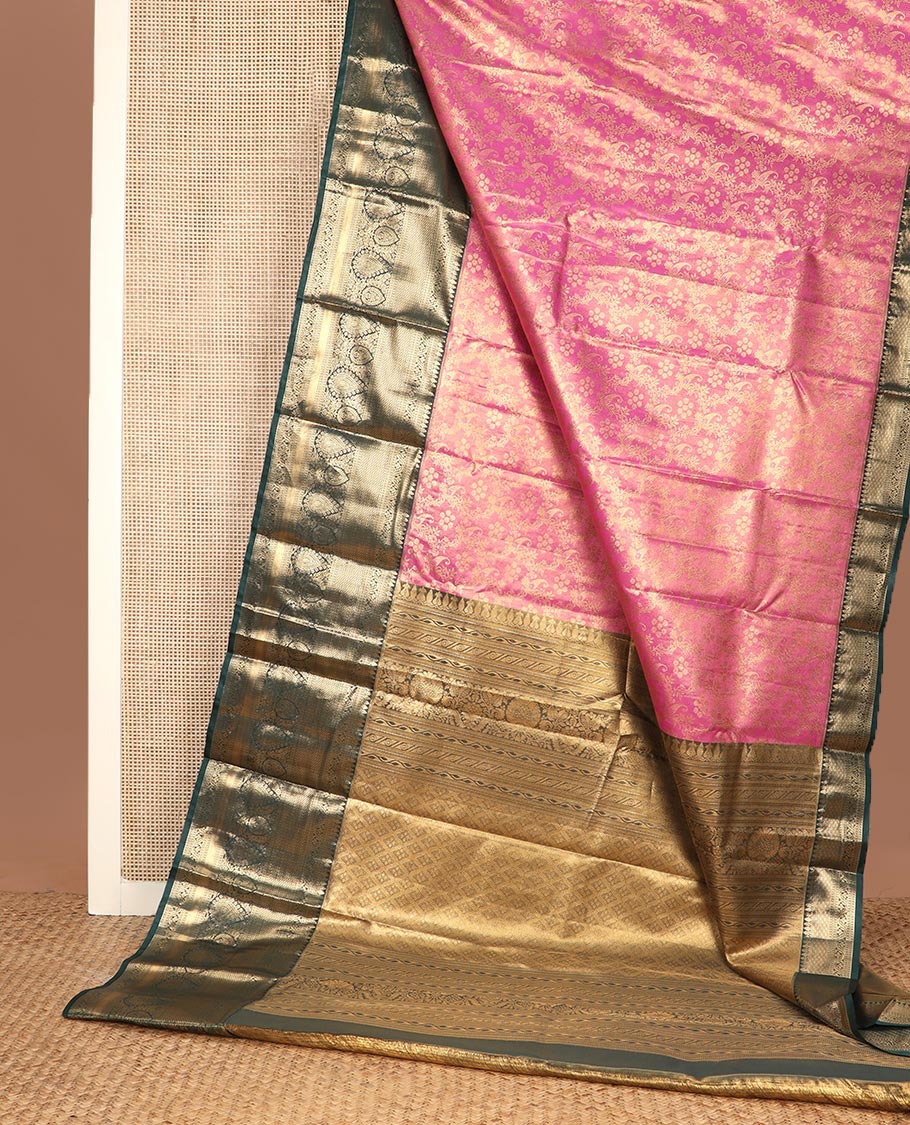 Pink jacquard budget silk saree, contrast traditional zari border, and jaal pallu