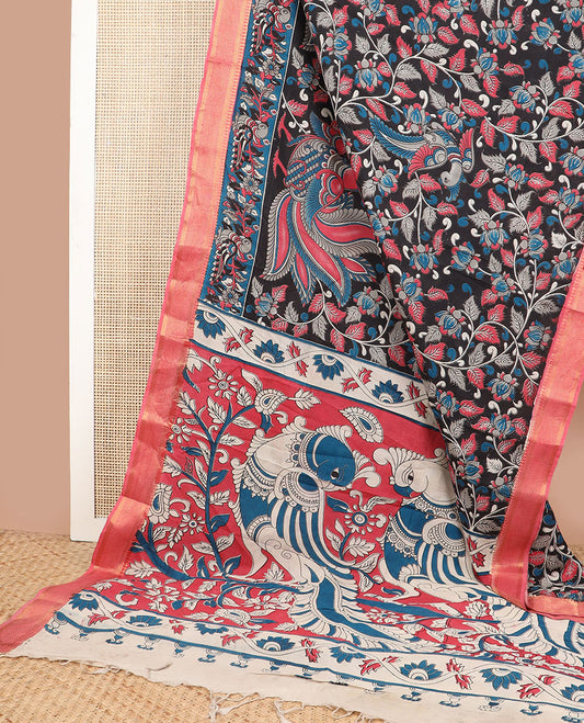 Black floral design machine printed kalamkari cotton saree with contrast zari design border & floral, peacock design pallu