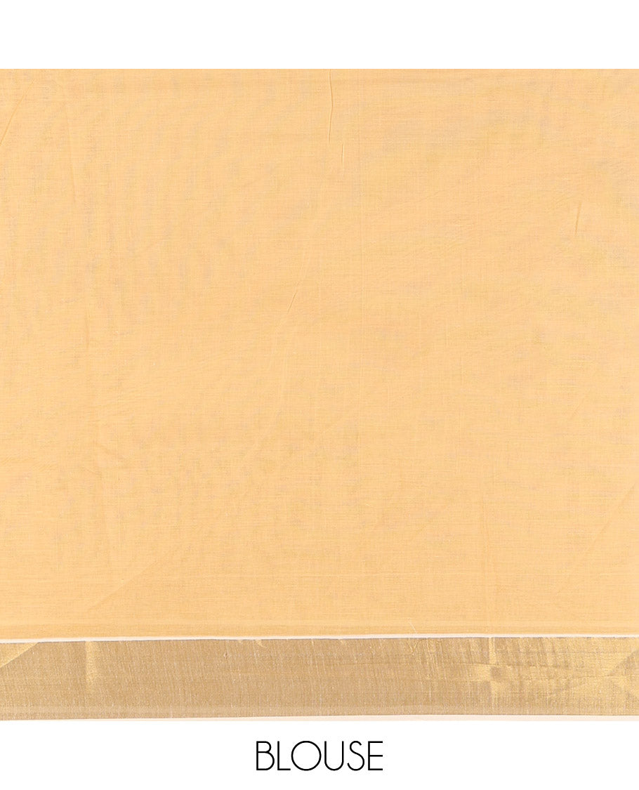 Cream Kerala Cotton Saree, Uniquely Detailed with Paddy Sheaves, a Zari Border, a Contrast Blouse