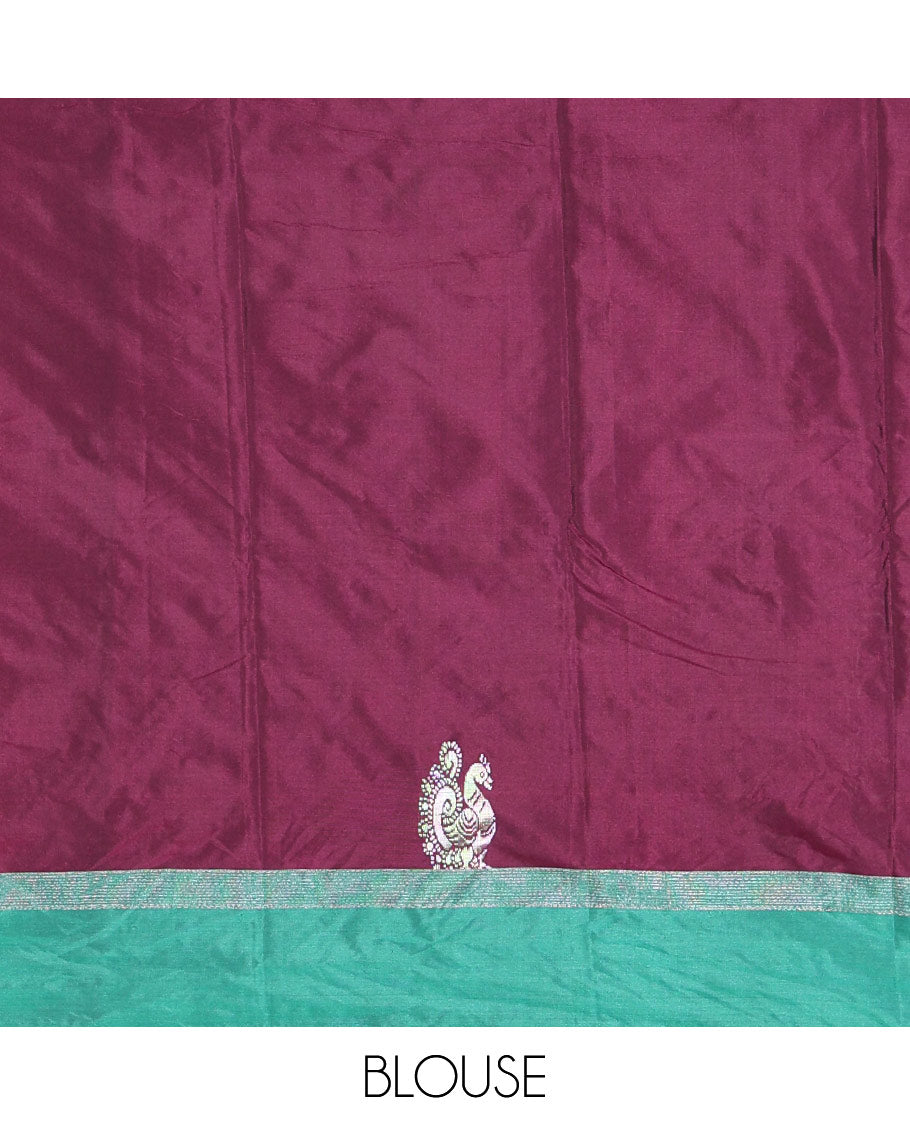 Purple zari buttas and peacock buttas semi-soft silk saree, contrast zari striped border, zari design pallu, and a matching blouse