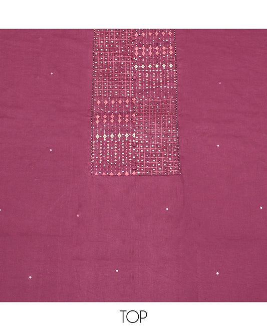 Wine Cotton Material Churidar Set, Decorated with Sequins Work and Embroidered Top, Printed Bottom, and a Geometric Printed Dupatta