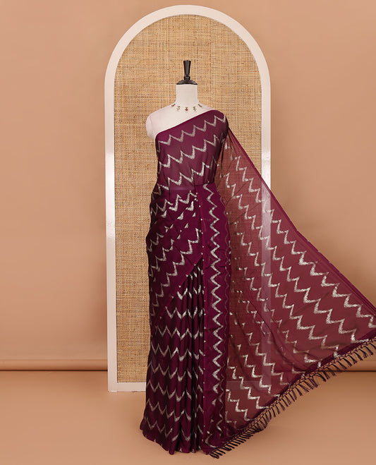Borderless purple zig-zag stripes foil printed rangoli saree, running blouse