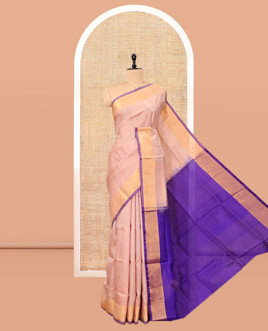 Peach Plain Uppada Silk Saree, Complemented by a Contrast Border, Contrast Plain Pallu, and a Contrast Blouse