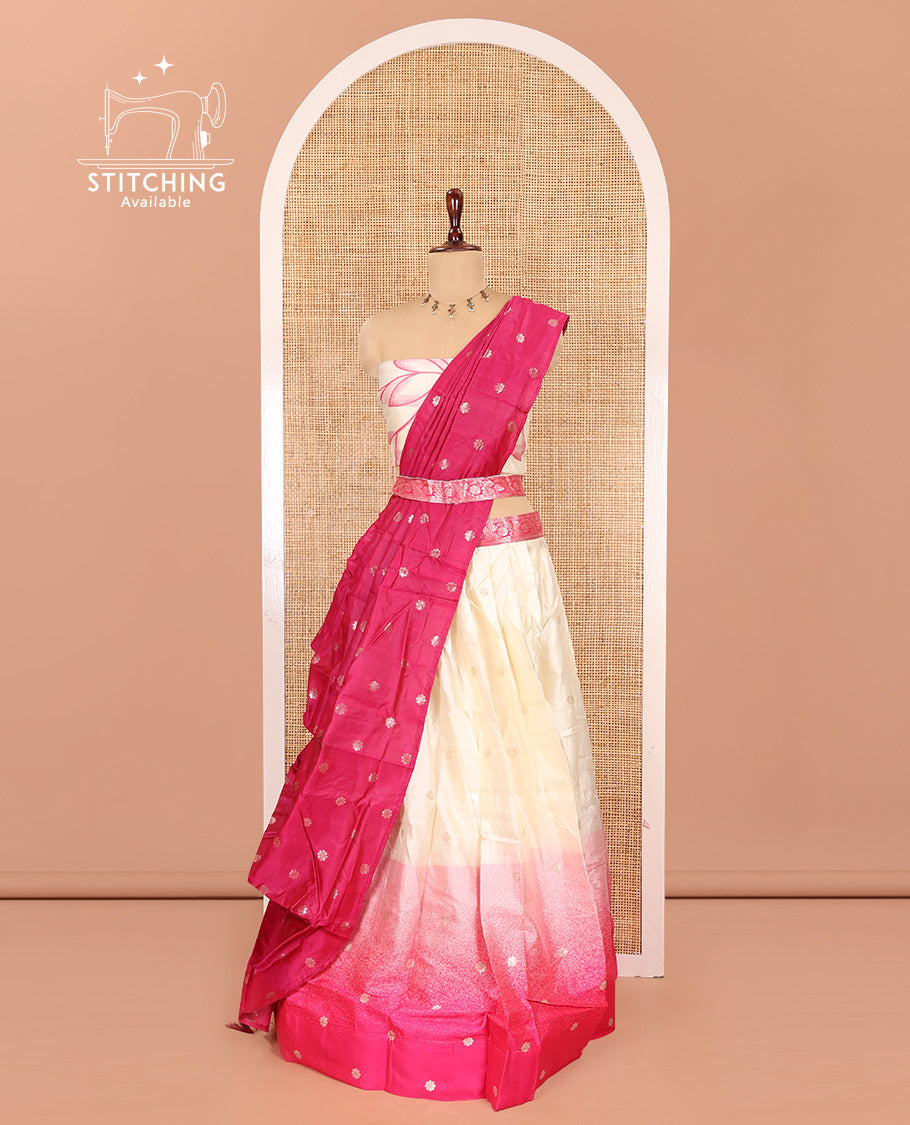 Cream-Pink Semi-Silk Half-Saree Features Flower Buttas Skirt, Contrast Border, Matching Blouse, Contrast Dhavani