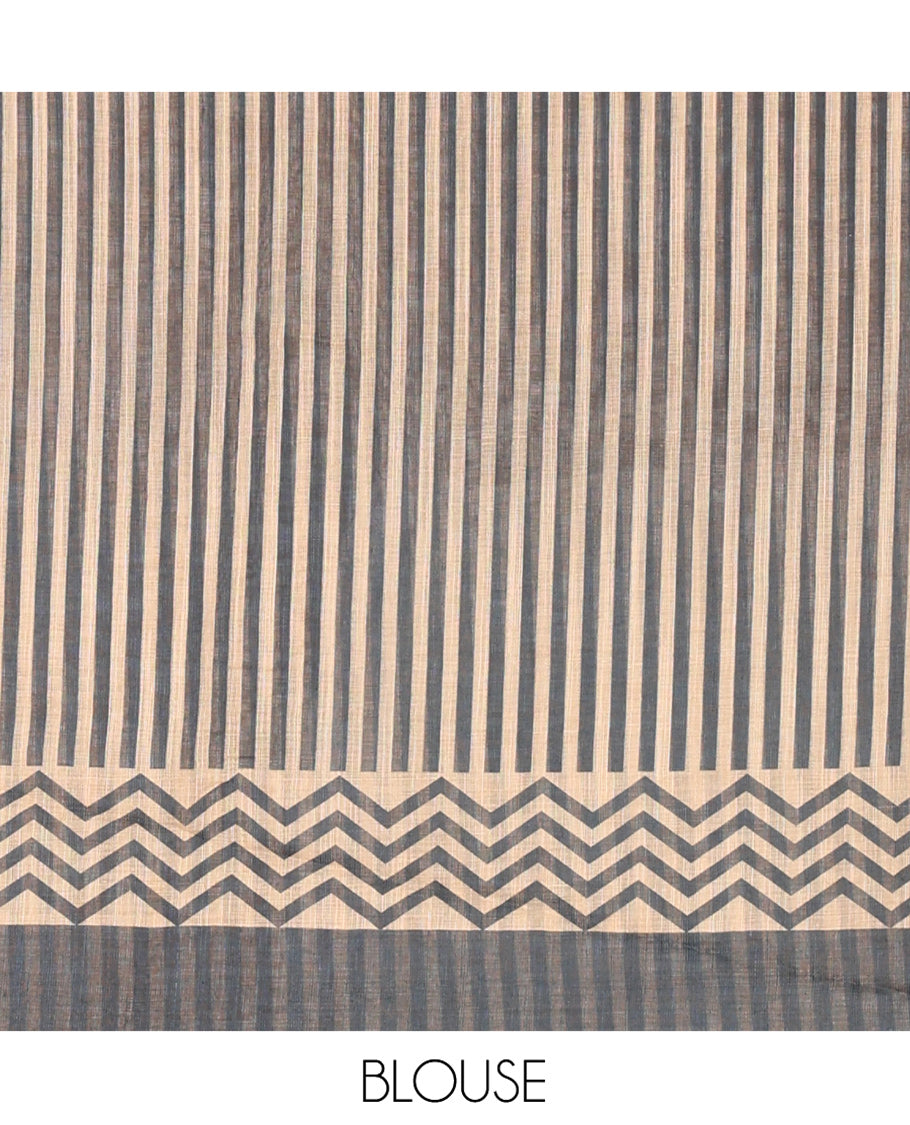 Chikku Linen Cotton Saree, Adorned with Mirror Work All Over Its Body, Subtly Scallop Border, Complemented by Contrast Pallu of Stripes and Mirror Work, and Paired with a Contrast Geometric Printed Blouse