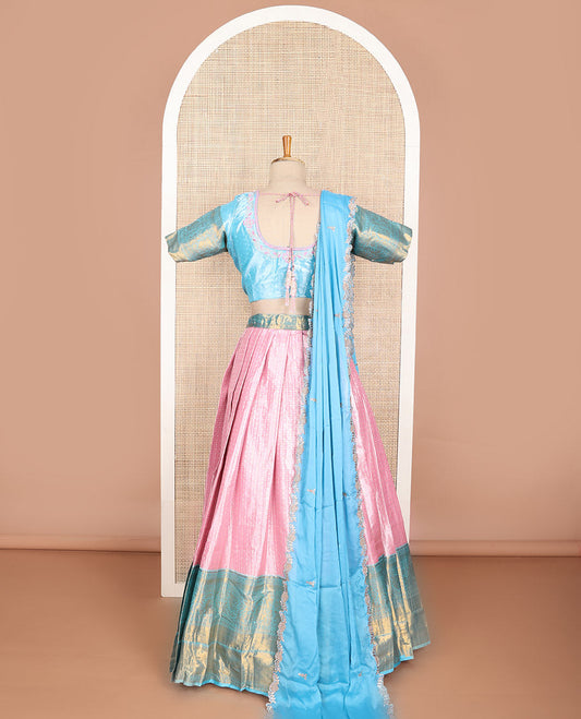 Peach floral art silk half saree with contrast zari design border, embroidered blouse & floral embroidery dhavani