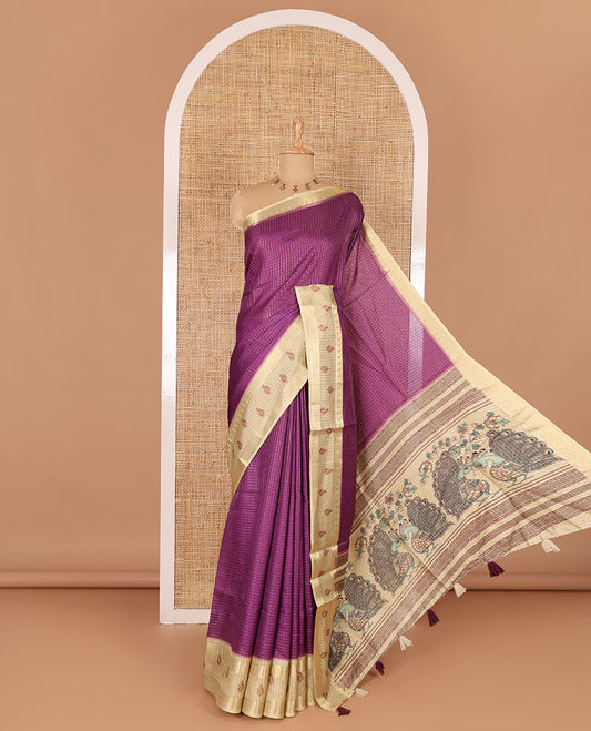 Purple gold zari checked katan silk saree with contrast traditional zari border of peacock print, peacock printed pallu, and contrast printed blouse